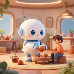 cute house robot making tea for a human friend, highly detailed, hyperrealistic, artstation, artstation, cheerful, utopia, scifi, futuristic house interior, art by ivan laliashvili and nicholas cort and eddie mendoza and edward denton