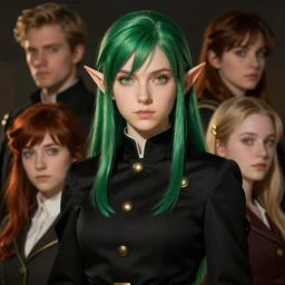 elf, fire emblem, greenhair, blackuniform, art by artgerm and greg rutkowski and magali villeneuve, portrait, d & d, fantasy, highly detailed, digital painting, trending on artstation, concept art, sharp focus, illustration