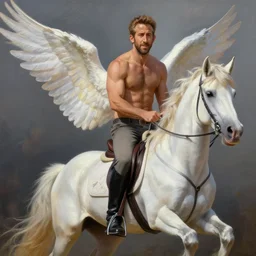 Ryan Reynolds shirtless riding a unicorn with wings in the style of an oil painting, digital art, high quality, detailed, high definition, art station, award-winning painting