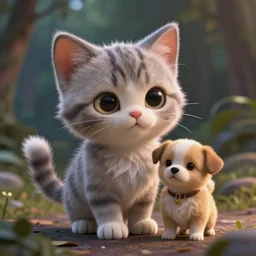 tiny kitty and a tiny puppy, realistic 4 k octane beautifully detailed render, 4 k post - processing, highly detailed, intricate complexity, epic composition, magical atmosphere, cinematic lighting, masterpiece, ultra hd