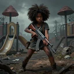 a dynamic long shot portrait of a black girl with an afro and an ak - 4 7 at a post apocalyptic playground, by simon stalenhag, dark and ominous, digital illustration, behance, rendered in unreal engine 5, ray tracing, 8 k, hd