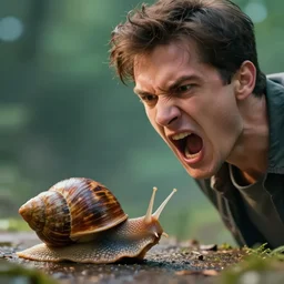 an angry man shouting at a snail, photo realistic, photo, full of colour, cinematic lighting, 4 k, hyperrealistic, extreme details, cinematic, masterpiece