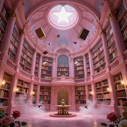pink library in the style of baroque, star roof, flying magic books, good perspective and construction, dreamy, smoke, hogwarts style, birds, roses, fairy tale, evening lights, highly detailed, artstation, mysterious, comfort, in the style of aetherpunk