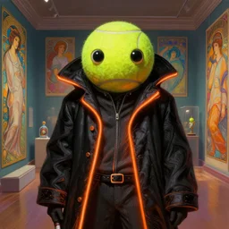 a tennis ball monster starring into the camera, fixed eyes, flowing black coat with glowing neon orange trim, inside a museum, colorful, surreal, dramatic lighting, face, detailed, intricate, elegant, highly detailed, digital painting, artstation, chalk, concept art, smooth, sharp focus, illustration, art by sam spratt, dan mumford, artem demura and alphonse mucha