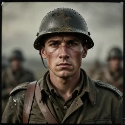 A wet-collodion styled portrait of a disheveled solider coming back from battle looking defeated, staring straight into the camera. Depth of field, smokey background, high contrast, extremely detailed.
