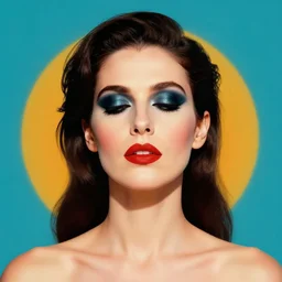 an 8 0 s portrait of a woman with dark eye - shadow and red lips with dark slicked back hair dreaming acid - fueled hallucinations by serge lutens, rolf armstrong, delphin enjolras, peter elson, flat surreal psychedelic colors