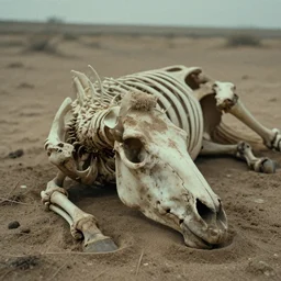 skeleton of a horse in an arid desert laying on ground dehydrated, sand covering it partially, western cinematic shot, close - up, moody, grainy