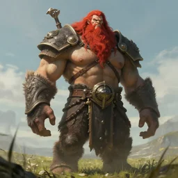a highly detailed portrait of a massive epic fantasy giant red haired man standing in a field concept art
