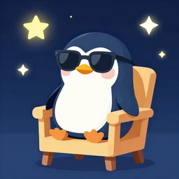 vector art of a cute and small penguin sitting on a chair at night wearing sunglasses! detailed, bright stars, vector art, by emiliano ponzi, by tom whalen, trending on polycount, private press, low poly, 3 d, sketchfab