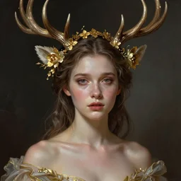 young woman with antlers, sad eyes,  fantasy, intricate, highly-detailed, elegant, gold, crown, flowers, dramatic lighting, gorgeous face, sexy gown, lifelike, photorealistic face, digital painting, artstation,  illustration, concept art, smooth, sharp focus, art by Jude Palencar, John Collier and Albert Aublet and Krenz Cushart and Artem Demura and Alphonse Mucha