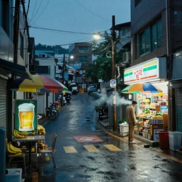 Dusk City Street, Intersection, Storefront, alleyway, beer advertisement, bicycle in background, chairs, table, city street lights, clumps of bananas, colored light, colorful umbrella, convenience store, dusk sky, dingy city street, exiting store, getting groceries, hilly road, Korean writing, looking down street, moped, raining, smoking outside, tan suit, wet road, wet street, white shoes, wires hanging above street, wires in background, very high quality photography, dusk, cinematic.