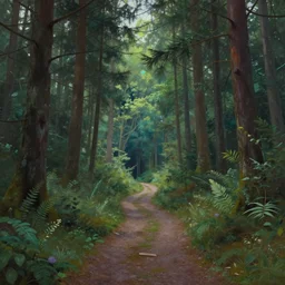 a painting of a path leading to a mystical forest full of wonders, pine trees, magical atmosphere, trending on artstation, 30mm, by Noah Bradley
