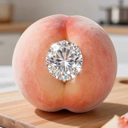 low angle extreme close up of a large ( peach color ) diamond in a ( delicious ripe juicy ) peach. the peach contains a gorgeous diamond. the peach is on a cutting board in a kitchen. bright 6 5 0 0 k product lighting, refraction, 8 k, 4 k, high quality