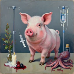 “ a portrait in a spanish operating theatre in hospital, sensual, a pig theme, syringe, anaesthesia, art supplies, surgical iv drip, octopus, ikebana, herbs, a candle dripping white wax, squashed berries, berry juice drips, acrylic and spray paint and oilstick on canvas, surrealism, neoexpressionism ”