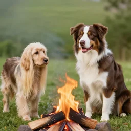 picture of an australian shepherd with a hillbilly with long blonde hair around a bonfire - n 9