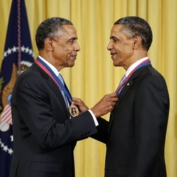 A serious Barack Obama in a suit is putting a medal around the neck of another, smiling, suited Barack Obama. There's a yellow curtain in the background.