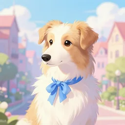 cute borzoi anthro wearing a blue ribbon, city background, very anime!!! kawaii!! intricate details, aesthetically pleasing pastel colors, scenic background, art by conrad roset and ilya kuvshinov. trending on deviantartstation