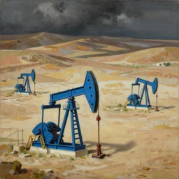 hyper detailed painting of with tiny pumpjacksblue covering expansive empty parched hilly plains, by francisco goya and rembrandt