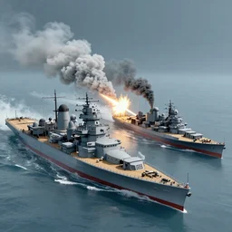 naval duel of steampunk battleship vs dieselpunk battleship, shots fired, clouds of smoke, bird's eye view, full shot, cinematic, high res, 120 film black and white photograph