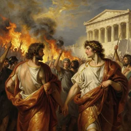 beautiful oil matte painting, uprising of people at a greek political forum with fire and smoke, wonderful masterpiece highly detailed, beautiful cinematic light deep focus, elegant, digital painting, smooth, sharp focus, golden ratio, dramatic illumination, ultra realistic, 8 k, art by artemisia lomi gentileschi and caravaggio