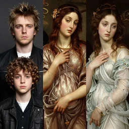 triad of winter muses as december, january, and february, style mix of æon flux, shepard fairey, botticelli, ivan bilibin, john singer sargent, pre - raphaelite, shoujo manga, harajuku fashion, dormant nature, snow, ice, stark colors, superfine inking, ethereal, 4 k photorealistic, arnold render