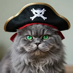 anthropomorphic grey persian cat with evil looking green eyes and wearing a pirate hat, trending on artstation