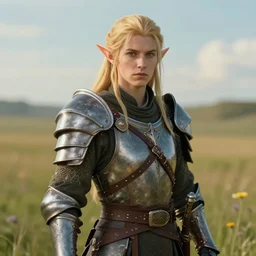 fantasy portrait of an elf warrior with a field in the background, in the style of Josh Corpuz