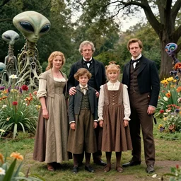 sharp, highly detailed, 36864k film, 175000mm film still from a sci fi blockbuster color movie made in 2019, set in 1860, of a family standing in a park, next to some strange alien plants and flowers, on an alien planet, the family are all wearing 1860s era clothes, good lighting, enhanced faces, 70000mm f/1.4L lens