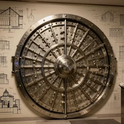 intricate layout of bank vault, schematics, blueprints, plans, diagram, detailed
