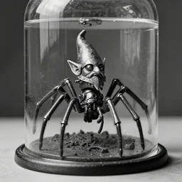a creature with the legs of a spider and dnd gnome warforged head in a glass tank, steam punk style, ansel adams photograph