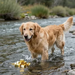 photo of a golden retriever panning for gold in a river