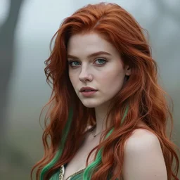 Beautiful young woman, Fae, Fantasy, highly detailed, portrait, long red hair, green highlights