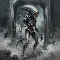 ultra realist and ultra intricate detailed soft painting of a metal xenomorph, standing in a futuristic doorway, sensual gloomy style, volumetric clouds, artstation, unreal render, depth of field