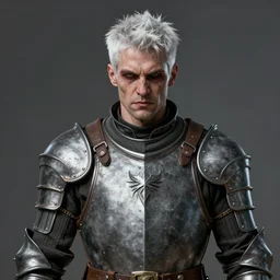 portrait painting of a cocky man with short white hair wearing grey pelt gambeson, ultra realistic, concept art, intricate details, eerie, highly detailed, photorealistic, octane render, 8 k, unreal engine. art by rebecca guay