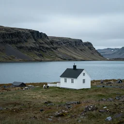 a gorgeous moody dreamy landscape photograph of a cottage by the lake in icelandic country side, cinematic theme, photorealism, realistic reflections, blue ambiance, soft natural lighting, pine trees, artstation, photography, award - winning photography