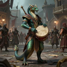 Human bard with Naga-lower-body (d&d), holding a drum, ornately dressed, standing in populated Baldur\'s Gate city square, hyperdetailed, artstation, cgsociety, 8k