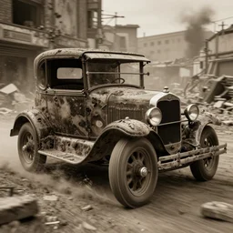 street photography, award winning photo of an ultra detailed intricate dirty vintage 1 9 2 0 s ford cars on speeding very fast on dirt, in an apocalyptic city, sepia, fast shutter speed, motion blur, tiny gaussian blur, highly detailed, highly intricate, depth of field, trending on top gear