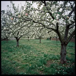 apple garden at spring, 3 5 mm film photo, kodak, muted colors, dark shades, analog photography, film artifacts, negative, highly detailed