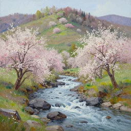 A beautiful landscape oil painting of a hill with trees, the spring has arrived and the trees are blooming and covered with colorful flowers, the river is zigzagging and flowing in its way, the river has lots of dark grey rocks, by Greg Rutkowski