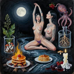 sensual female painting, yoga, pancakes, camp fire, river, tattoo, midnight, dark, black background, wet, moonlight, berries, octopus, surgical supplies, mushrooms, plants with roots in scientific glassware, fungus, candle dripping white wax, berry juice drips, neoexpressionism, surrealism, acrylic and spray paint and oilstick on canvas