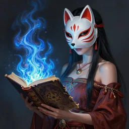 gorgeous!!! hyper - realstic sorceress with a kitsune mask, holding a tattered magical book, casting a flame spell, blue flames | drawn by wlop, drawn by jeehyung lee, drawn by artgerm | fantasy, dark, intricate, highly detailed, digital painting, character design, concept art, illustration, artstation