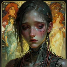 moody closeup headshot of a sad android with stray wiring, tragedy, path traced, cyberpunk environment, highly detailed, high quality, digital painting, alena aenami, lilia alvarado, shinji aramaki, karol bak, alphonse mucha, tom bagshaw