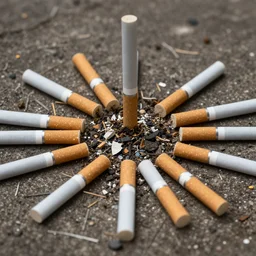different compositions of cigarettes and cigarette butts on dirty floor ash falling realistic macro photography