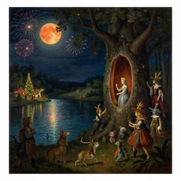 renaissance painting of a night carnival around a magical tree cavity, with a surreal orange moonlight and fireworks in the background, next to a lake with iridiscent water, christmas lights, folklore animals and people disguised as fantastic creatures in a magical forest by summer night, masterpiece painted by coby whitmore, scene by night, dark night environment, refraction lights, glares