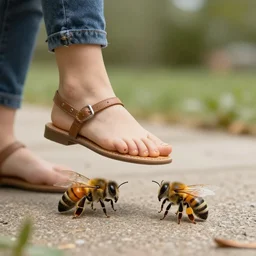 Amber heard physically stepping on a bee, photorealism, fake