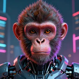 beautiful closeup portrait of a cybernetic robotic monkey cyborg, full face portrait, monkey face centered, symmetrical, atmospheric lighting, intricate, volumetric lighting, concept art, sharp focus, ultra detailed, colorful color scheme, in the art style of marc simonetti and dan mumford, with cyberpunk city in the background.