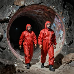 two scientists wearing red hazmat suits exiting lsd nebula portal by frank frazetta