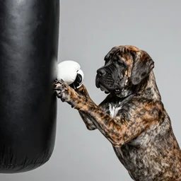 brindle bullmastiff puppy boxing, punching heavy bag