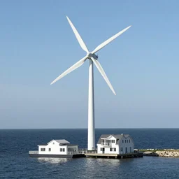 a modern white electric offshore windmill that is also a house for people to live on the windmill. There is also a houseboat on the water that connects to the windmill --i --n4 --s50