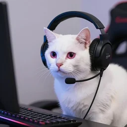 White cat with dark pink eyes who is gaming with a headset on